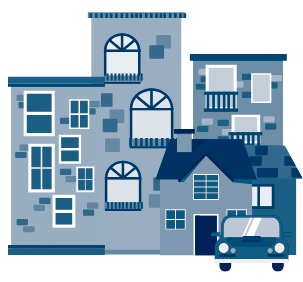 Sketched Graphic of residential buildings with a car parked in front.